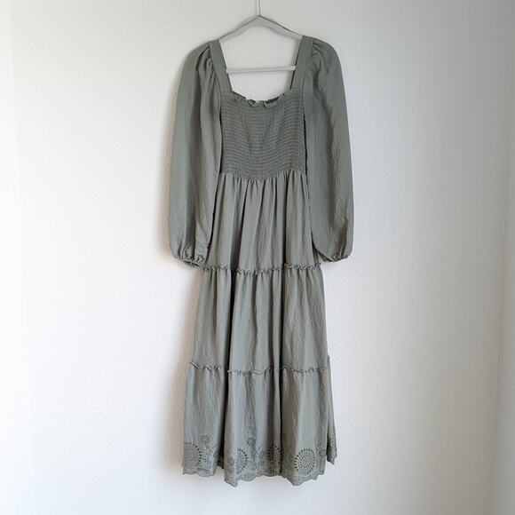 Moon River Green Smocked Tiered Embroidered Midi Maxi Long Sleeve Dress, size S - Picture 1 of 8